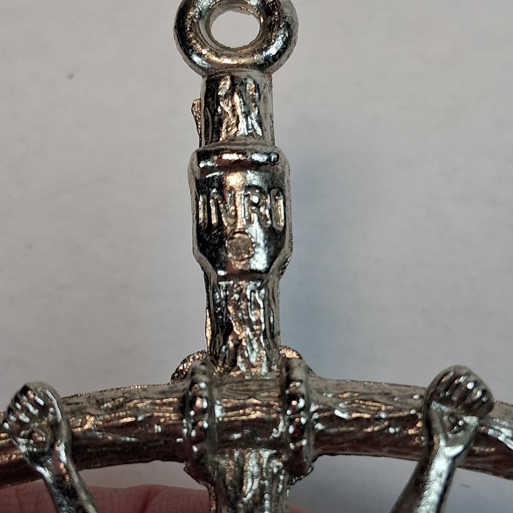 Vintage Italy Papal Pectoral Cross Pendant Silver Tone Bent Crucifix INRI 5+" - Picture 5 of 8